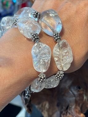 Chunky clear crackle glass double-strand artisan bracelet with silver toggle